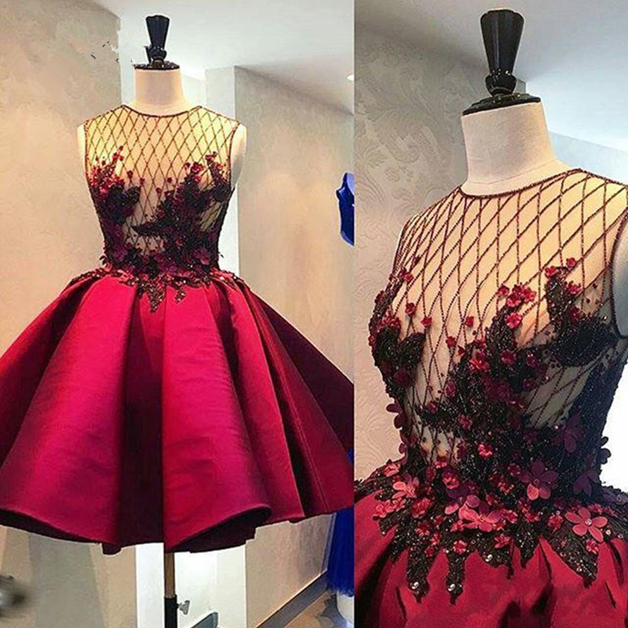 Sexy Sheer Red Prom Dress Short A Line Satin Appliques 2020 Party Dresses Gowns