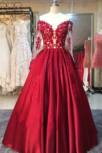 Long Sleeve Red Lace Prom Dress Sexy Off The Shoulder A Line Formal Women Party Dresses