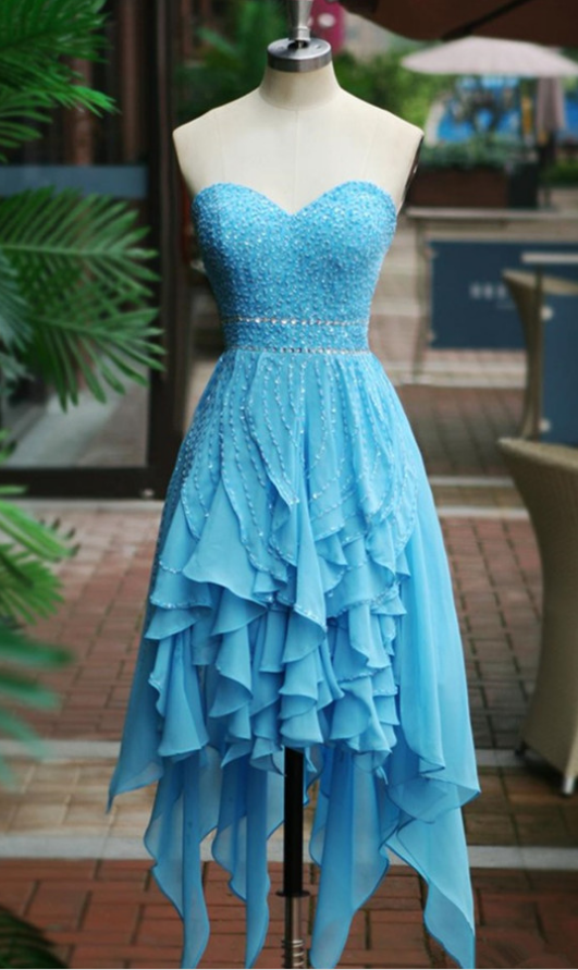 High Low Blue Prom Dress Sexy Sweetheart Backless Chiffon Shiny Sequins Beaded Party Gowns