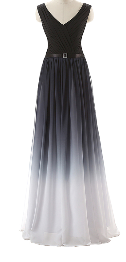 Sexy V Neck Long Gradient Black Prom Dress With Belt Chiffon A Line Floor Length Formal Party Dresses