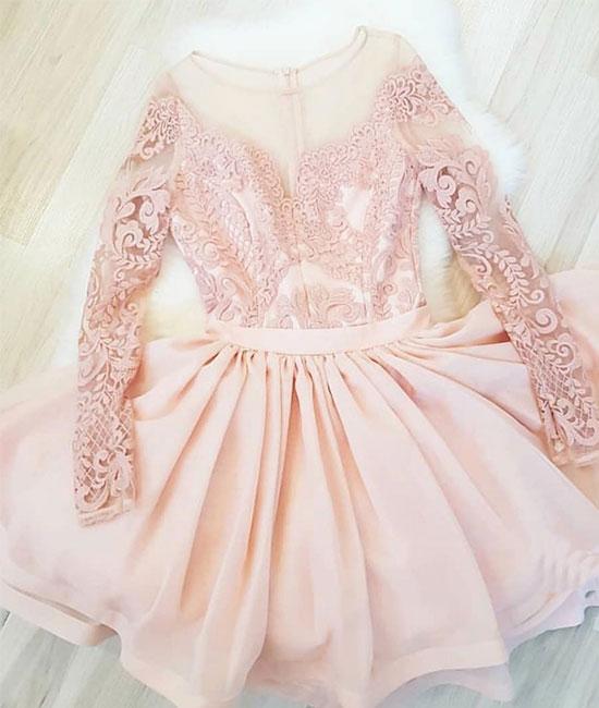 Short Lace Appliques A Line Homecoming Dress Long Sleeve Prom Dress Short Sexy Sheer Party Dresses Custom Size