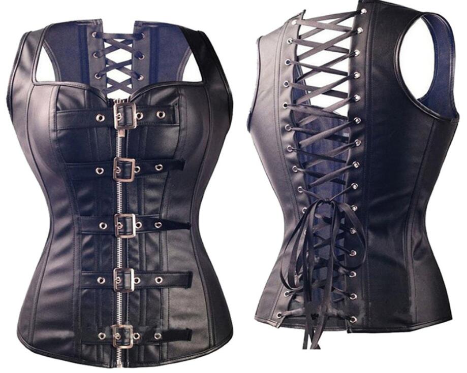 Women's Fashion Pu Leather Corset Overbust Shapewear Control Belly Lose Weight Lace Up Bustier Crop Top