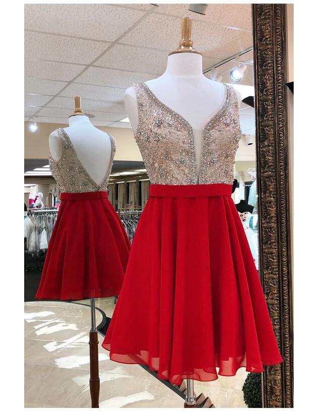 Sexy Open Back Short Red Beaded Homecoming Dress 2020 Graduation Party Dresses