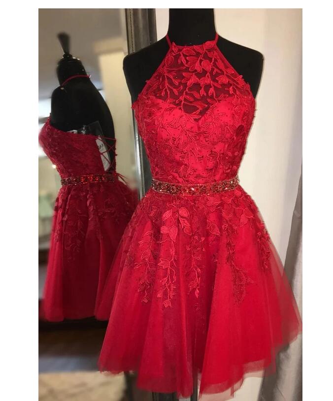 Sexy Backless Short Red Homecoming Dresses 2020 Halter Neckline A Line Graduation Party Dress