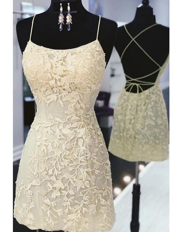 Short Champagne Lace Homecoming Party Dresses Sexy Cross Back Spaghetti Strap 