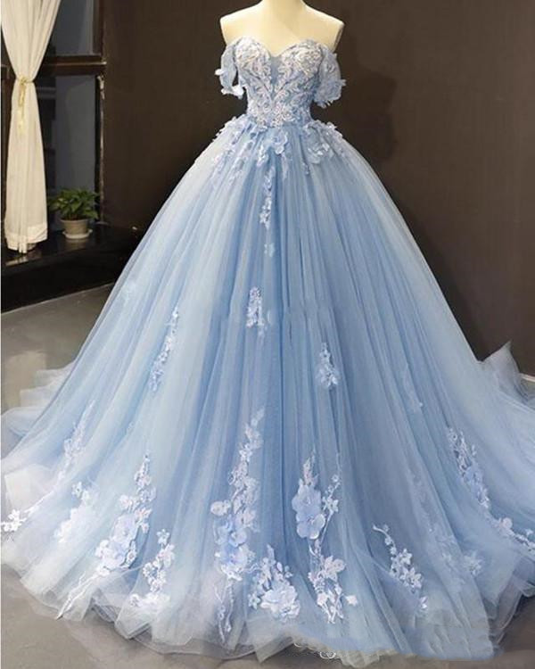 Off the shoulder Blue Princess Quinceanera Dress Corset Back Ball Gown Court Train for 16 Year 
