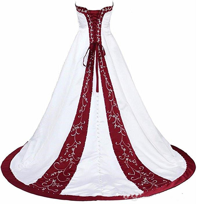 Long White And Burgundy Appliques Wedding Dress Corset Back Court Train ...