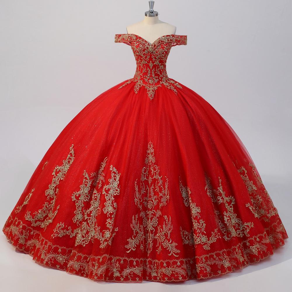 Red Off The Shoulder Ball-Gown Appliqued Quinceanera Dress