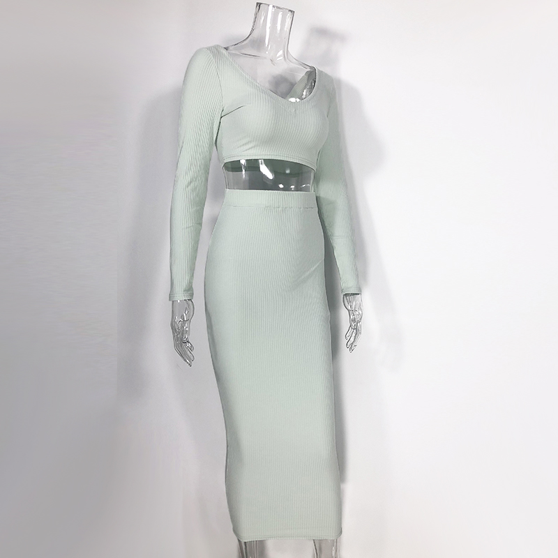 2020 New Fall Mint Green Two Pieces Bodycon Dress Women Sheath Crop Top with Skirt Long Sleeve Sexy V Neck Party Wear
