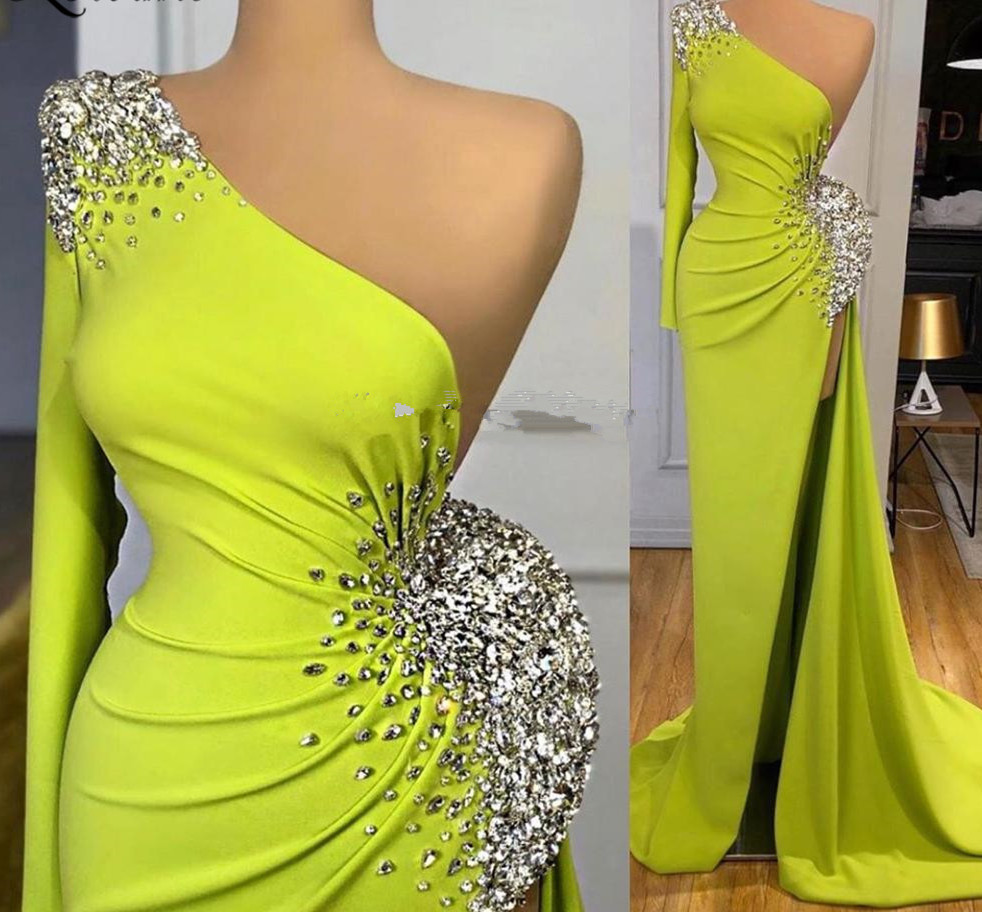 Sexy One Shoulder Long Lime Green Prom Dresses Split Side Luxury Sequins Beaded Sexy Party Dress