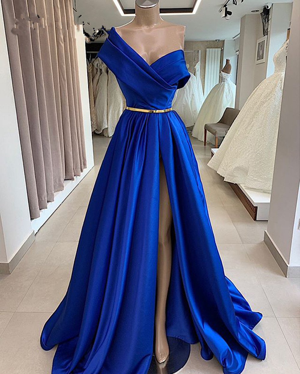 Elegant Royal Blue Satin Sexy Party Dress With Golden Sash Split Side ...