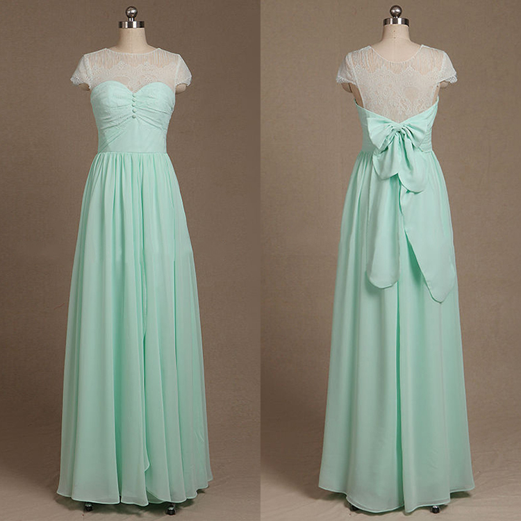 White Lace Mint Green Chiffon Long Bridesmaid Dress Bow Knot Illusion Back Formal Wedding Party Dresses