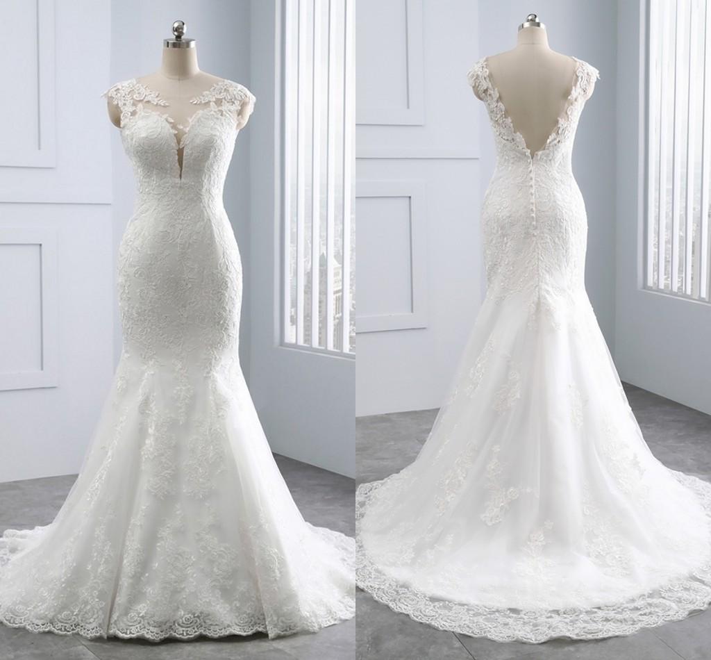 Sexy Mermaid Lace Long Wedding Dresses Open Back Court Train Sheer ...