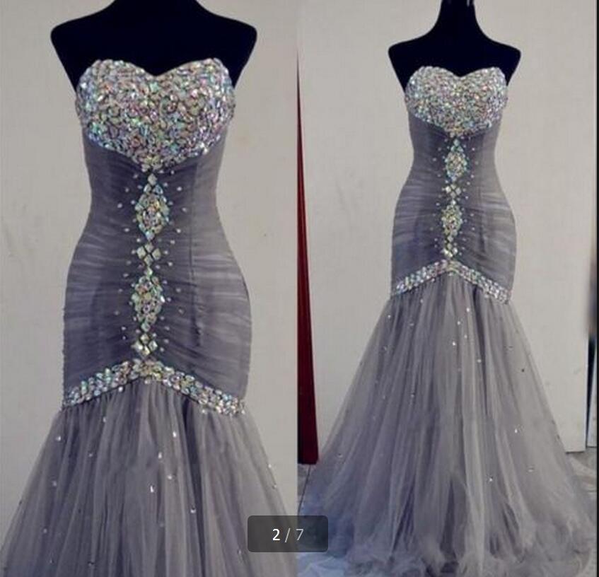 Sexy Sweetheart Light Grey Prom Dress Long Tulle Luxury Crystal Women Mermaid Party Dress Lace-uo Back Plus Size