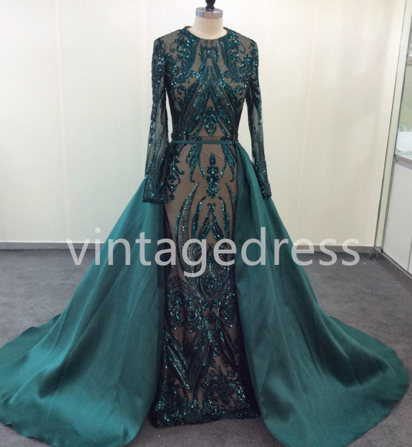 Vintage Emerald Green Sequins Formal Evening Dresses With Long Sleeve ...