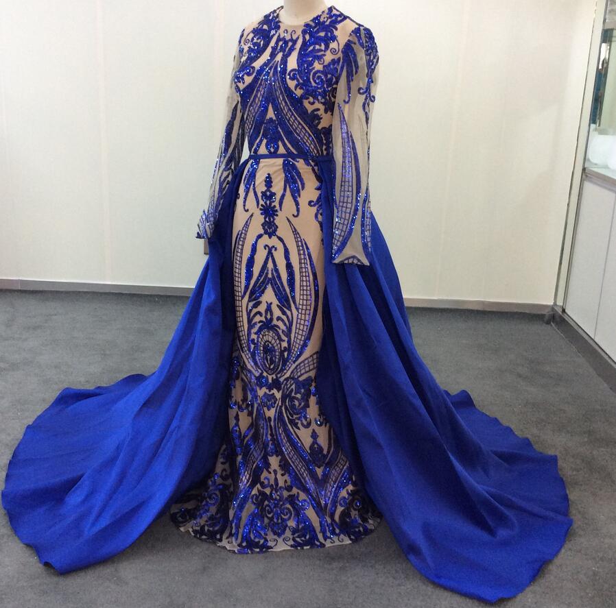 Long Royal Blue Sequins Evening Dress For Women Full Sleeve Satin ...