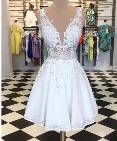Short Beach Sheer White Boho Wedding Dress Sexy V Neck A Line Bridal Gowns