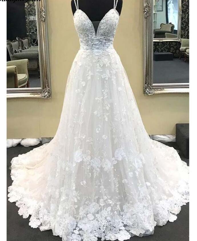 Sexy Lace Long Boho Wedding Dresses Sweep Train Spaghetti Strap Summer Beach Gowns For Bride