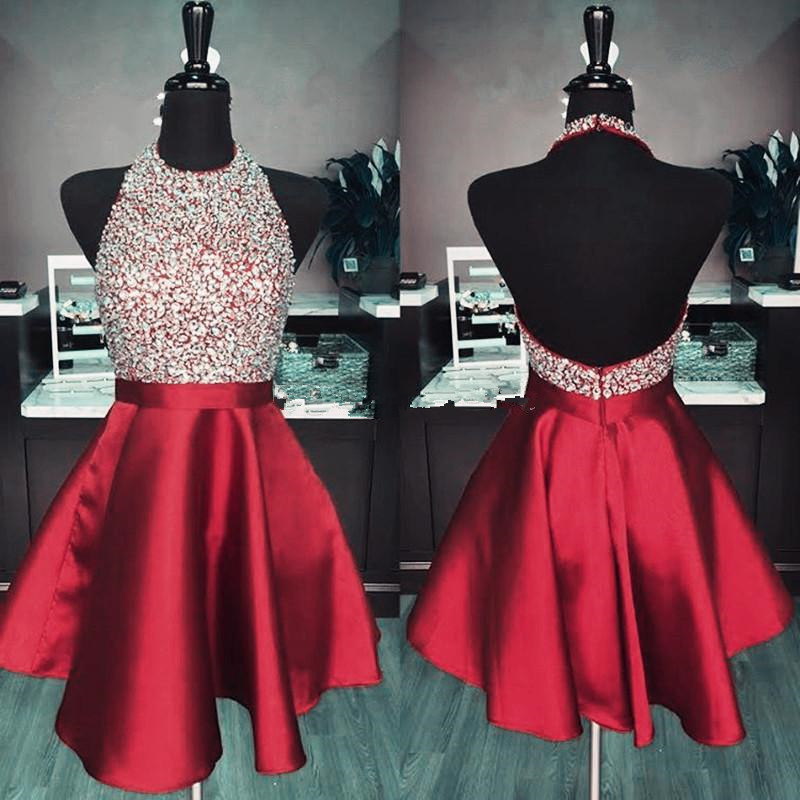 Vintage Halter Burgundy Satin Sequin Backless Cocktail Dress Formal Graduation Homecoming Dress