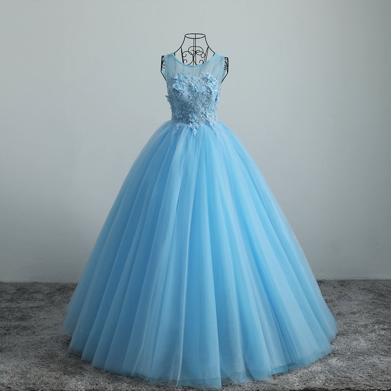 Sky Blue Ball Gown Quinceanera Dresses With Appliques Floor Length Formal Girls Party Dress