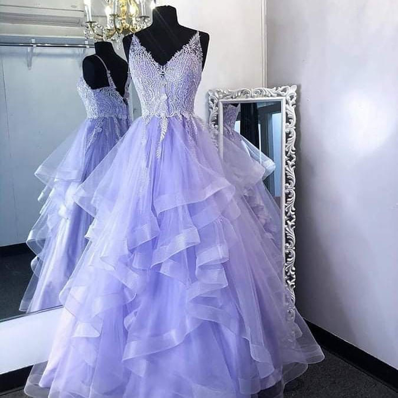 Sexy V Neck Lilac Tulle Prom Dress Long A Line Floor Length Formal Women Party Dresses Plus Size