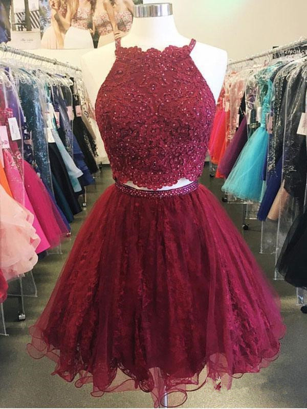 Short Burgundy Lace Homecoming Dresses Two Pieces Mini Short Tulle Prom Party Dress A Line