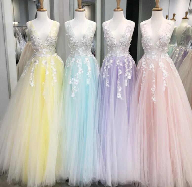 Sweet Flowers Long Prom Dress A Line V Neck Formal Lady Party Dresses Pink/blue/lilac/yellow Evening Gowns