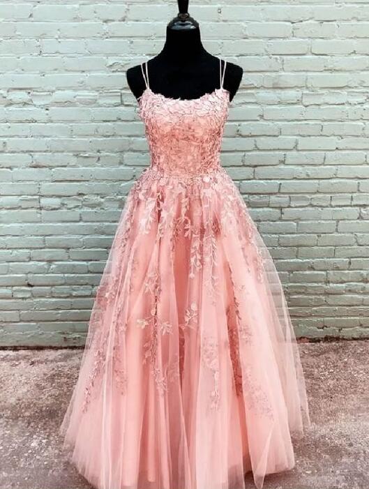 Long Coral Lace Prom Dresses 2021 Sexy Spaghetti Strap Party Dress A Line Formal Women Dresses
