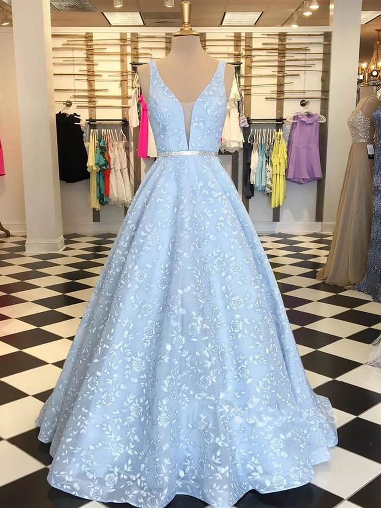 2021 V Neck Baby Blue Long Prom Dress A Line Silver Sash Formal Lady Party Dresses For Women