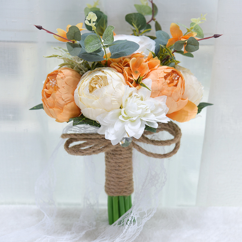 Country Orange Beige Rose Flowers Wedding Bridal Bouquet With White Lace For Brides Wedding Accessories