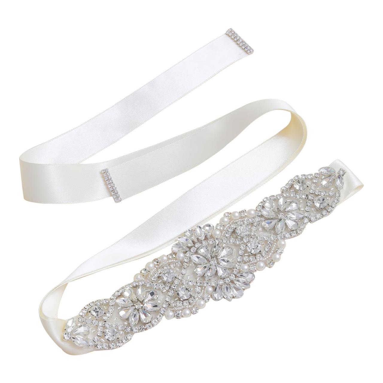 Beige Ribbon Silver Crystal Beadeds Bridal Sashes Belt For Briddes ...