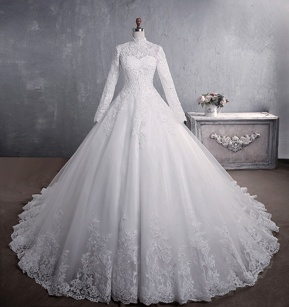 High Neck Long White Lace Wedding Dress with Full Sleeve A Line Women Bridal Gowns Plus Size