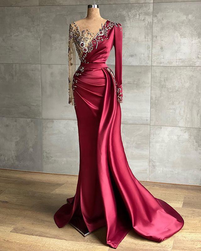 Elegant Burgundy Satin Prom Dress With Long Sleeve Sexy Sheer Beaded Mermaid Formal Prom Gowns Party Dress