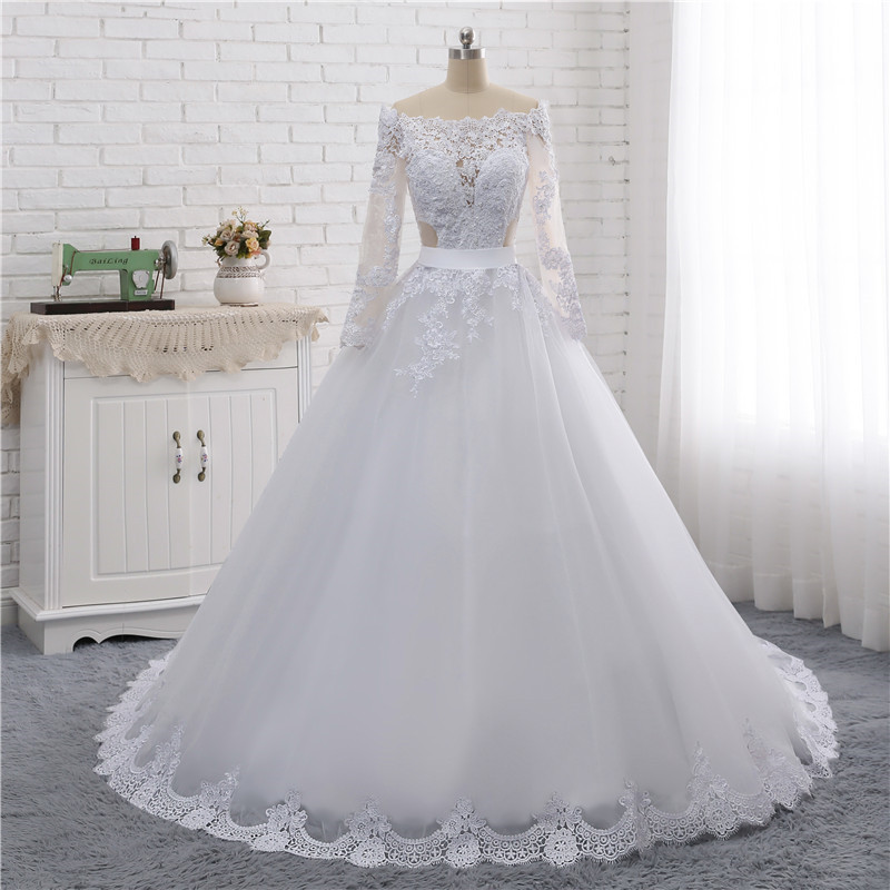 Off The Shoulder Lace Long Wedding Dresses With Full Sleeve A Line Button Back Illusion Bridal Gowns Plus Size