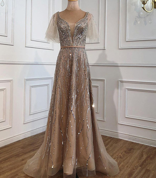 Luxury Beaded Champagne Prom Dress Evening Gowns with Short Sleeve Formal Women Party Dress Long Women Gowns
