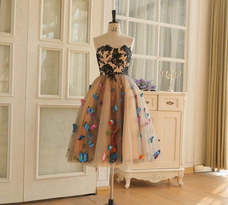 Knee Length Sweet Champagne Party Dress For Women With Butterfly Decoration Prom Dresses