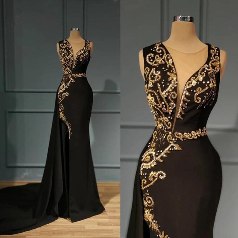 Gorgeous Black Evening Dresses with Gold Beaded Mermaid Long Prom Dress Sheer Jewel Neck Sleeveless Sweep Train Formal Lady Party Gowns