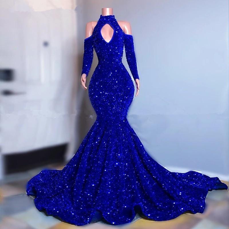 Plus Size Royal Blue Sparkly sequins Prom Dresses Long Sleeves Mermaid Evening Gowns 2022 Elegant Off Shoulder Women Formal Dress