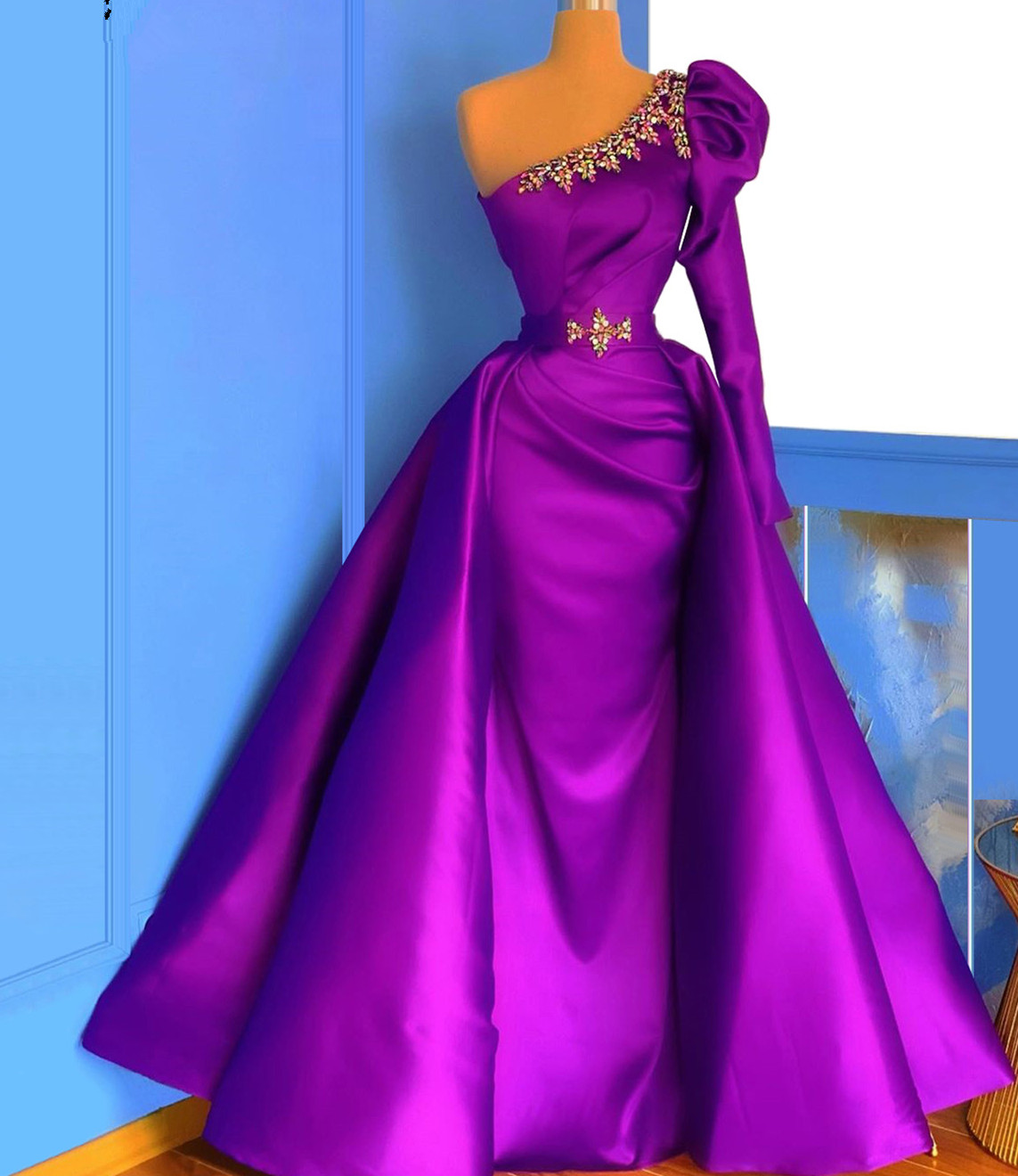 Sexy One Shoulder Purple Prom Dress With Detachable Overly Train Formal Crystal Evening Dress For Women