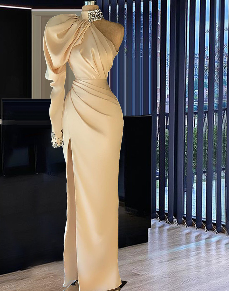 Sexy One Shoulder Long Champagne Beaded Prom Dress For Lady Split Side Formal Women Party Dresses