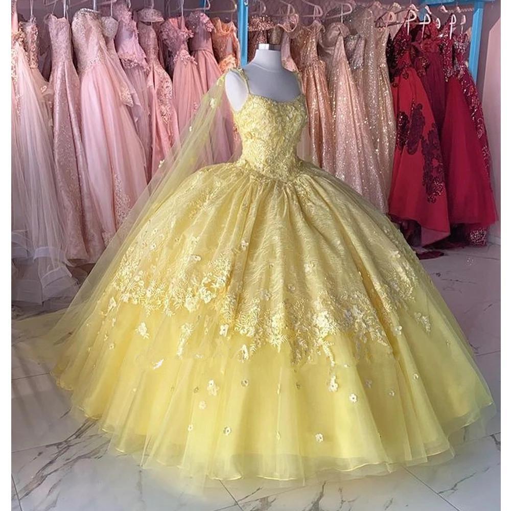 Light Yellow Lace-up Tulle with Lace Party Dress, A-line Yellow Formal –  Cutedressy