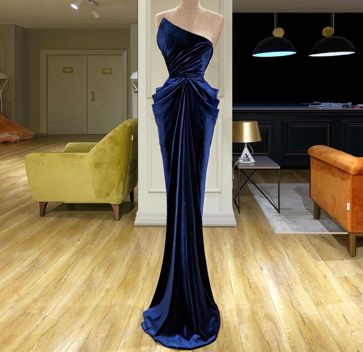 Sexy Backless Navy Blue Velvet Prom Dresses 2022 Custom Made Long Mermaid Dress For Party