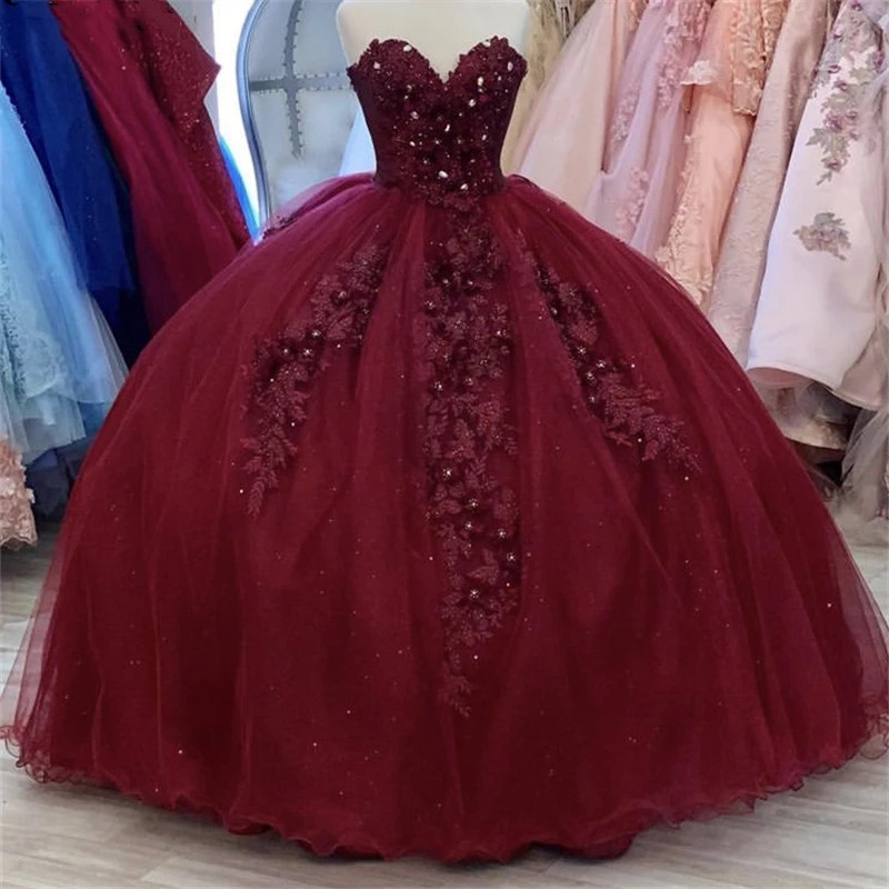 Princess Burgundy Lace Quinceanera Dresses Ball Gown Sweet 16 Year Girl Prom Dress for Lady