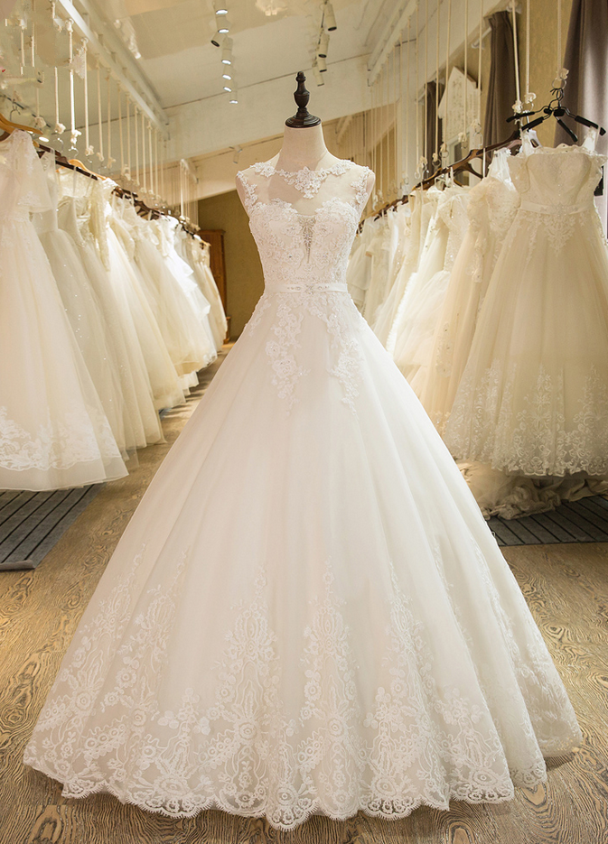 Princess Ivory Lace Wedding Bridal Dress for Women Corset Back Sheer Neck