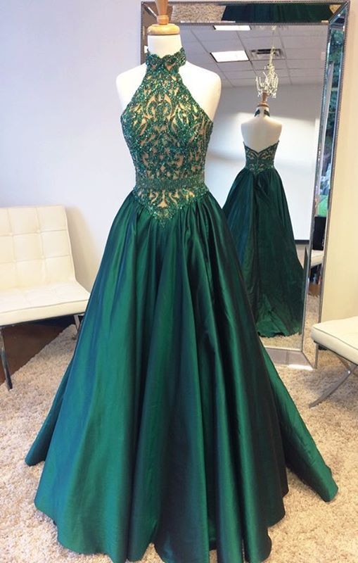 Emerald Green Lace Formal Evening Dresses Long Vintage Satin Prom Gowns High Neck Sleeveless Floor Length