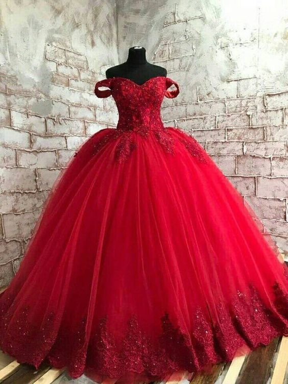 Sweet 15 Year Red Lace Quinceanera Dresses Ball Gown Puffy Off the Shoulder Long Debut Gowns