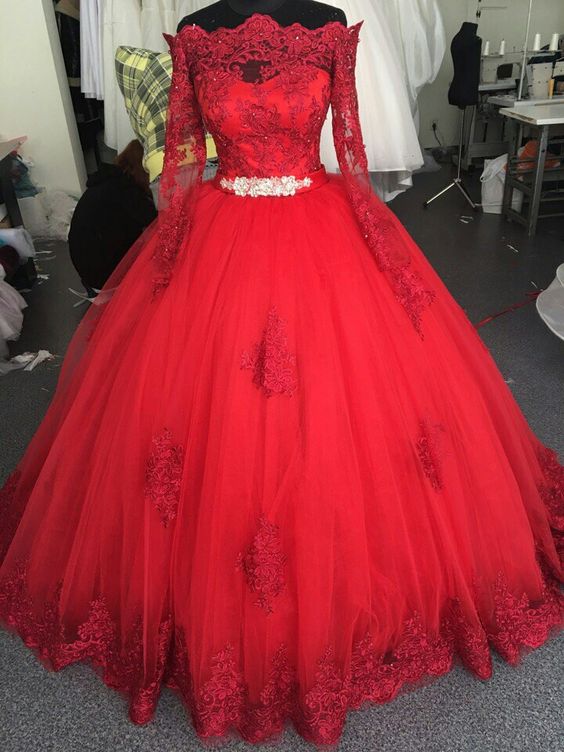 Sweet 15 Year Red Lace Quinceanera Dresses with Long Sleeve Ball Gown Tulle Princess Debut Gowns for Girl