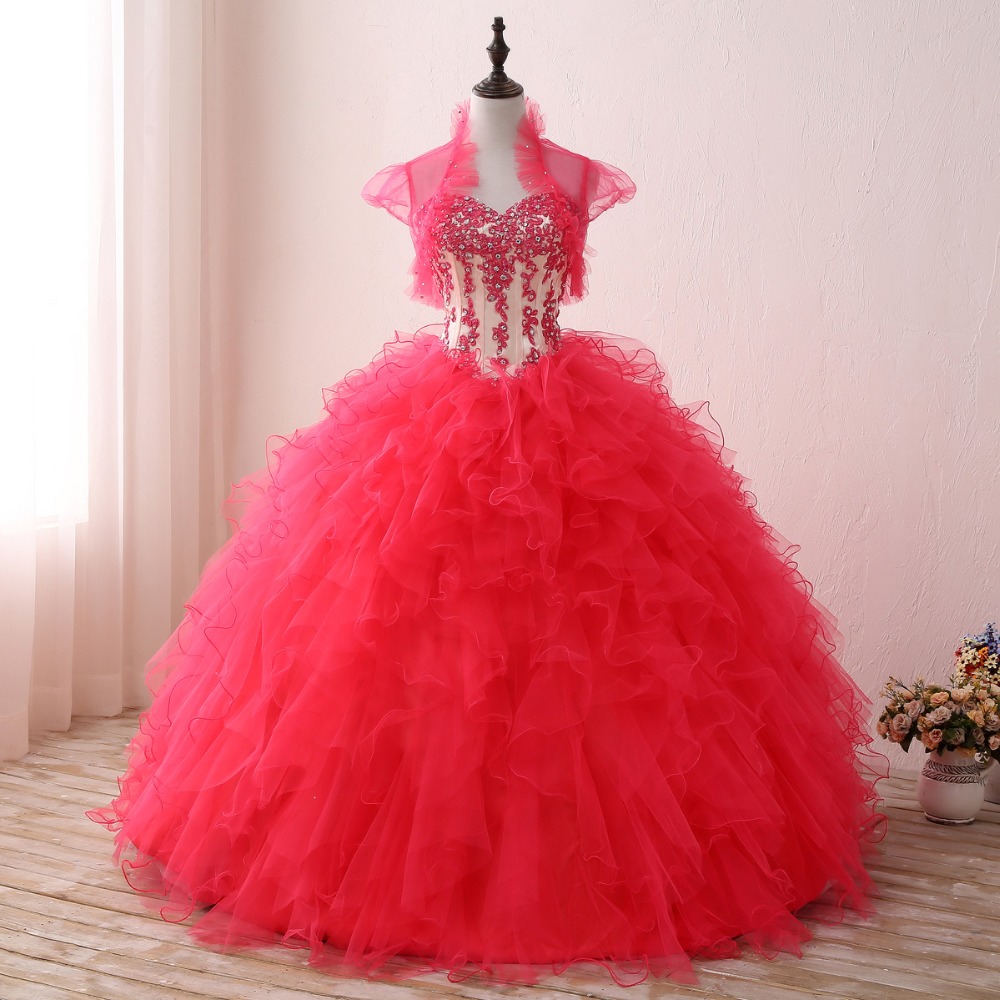 Sweet 15 Year Watermelon Color Quinceanera Dresses with Little Jacket Ball Gown Ruffles Tiered Long Prom Dresses