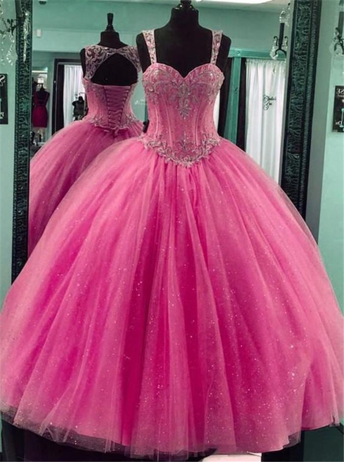 Princess Pink Beaded Quinceanera Dresses Ball Gown Puffy Sweet 15 Year Girls Birthday Party Dress Prom Gowns