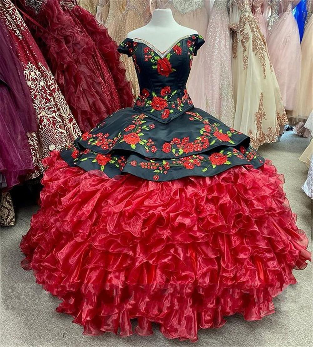 Mexico Red/Black Quinceanera Dresses Ball Gown Puffy Sweet 15 Year Girls Birthday Party Dress Prom Gowns